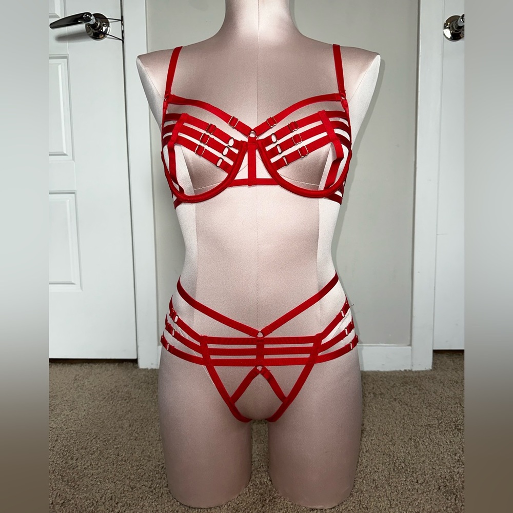 XNOTFORSALEX Red Strappy Bra And Undie Set